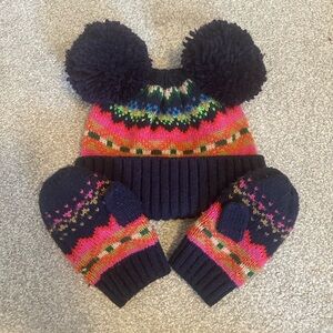 GAP Navy and Pink Knit Pom-Pom Hat and Mittens